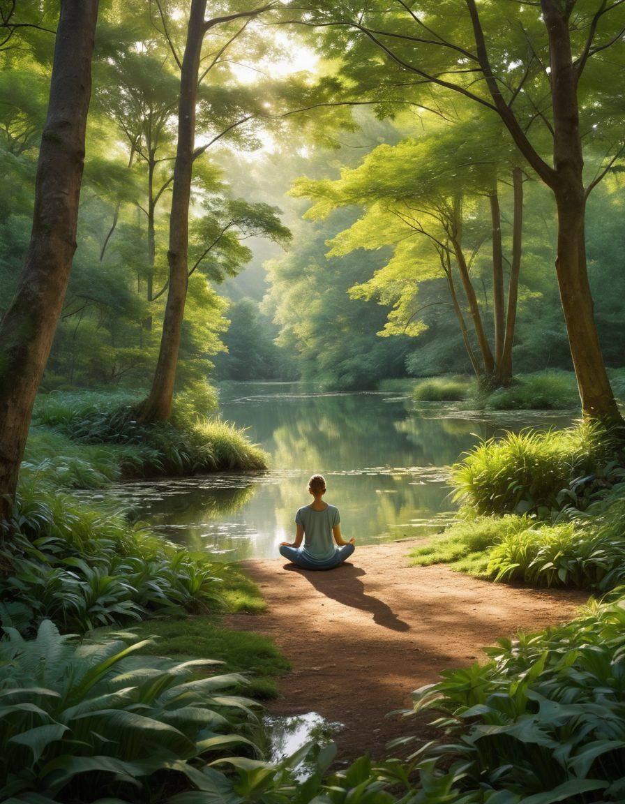A serene landscape showcasing a person meditating in a tranquil park, surrounded by lush trees and gentle sunlight filtering through the leaves. Incorporate symbols of security like a shield and a heart subtly intermixed with nature. Contrasting elements of calmness and support, depicting a sense of peace of mind. soft focus. vibrant colors. super-realistic.