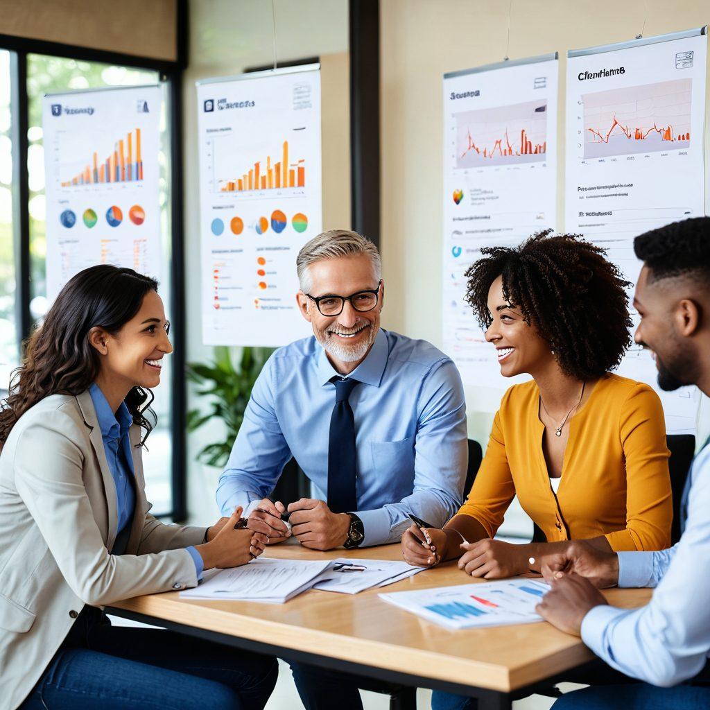 A welcoming scene depicting a diverse group of people happily discussing insurance options with a friendly advisor in a modern office setting. The background shows vibrant infographics about tailored insurance policies and customer satisfaction metrics. Include elements of affordability like price tags and dollar signs, all set against a warm, inviting color palette. soft-focus background, cheerful atmosphere, illustration style.